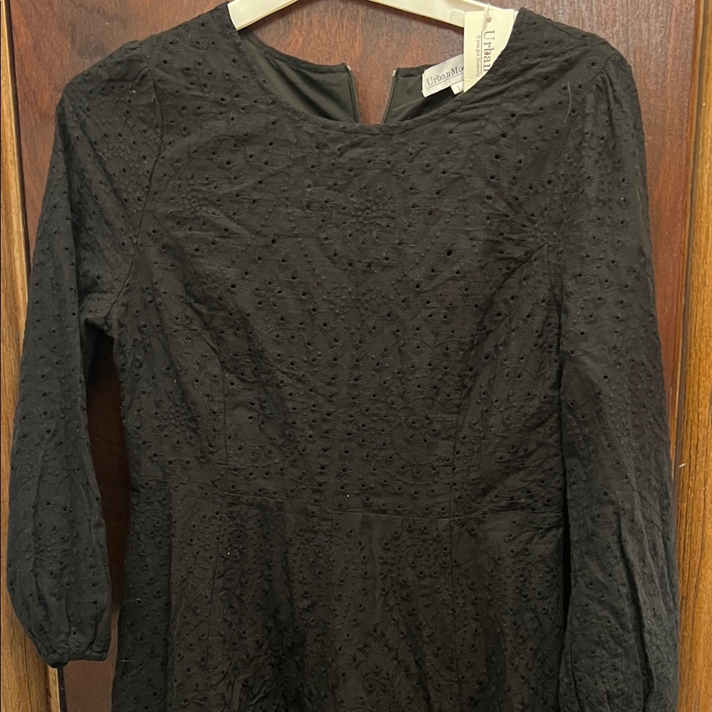 Black Textured Long Sleeve Dress